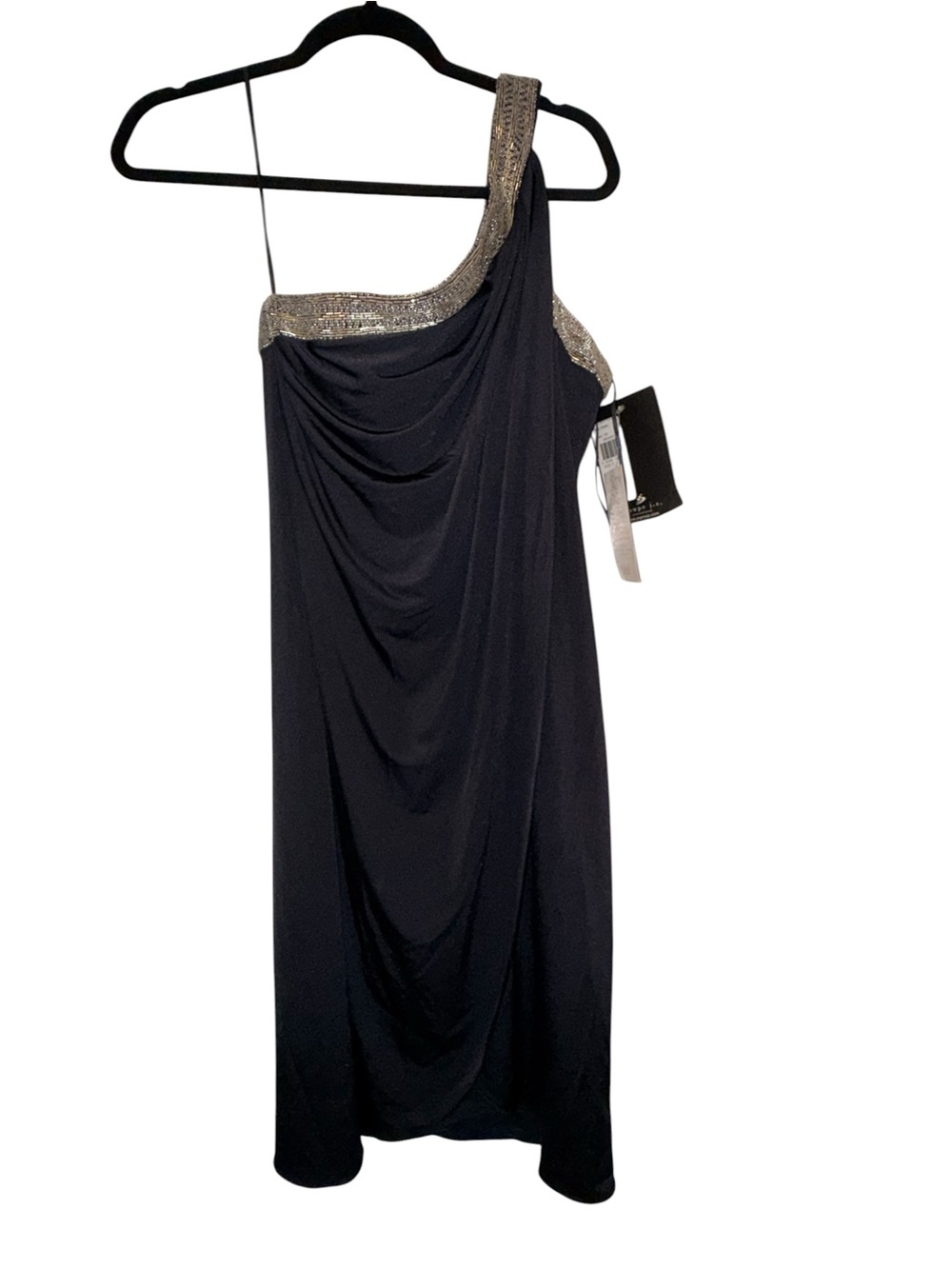 JS Boutique Navy Blue One-Shoulder Evening Dress with Metallic Beaded Trim